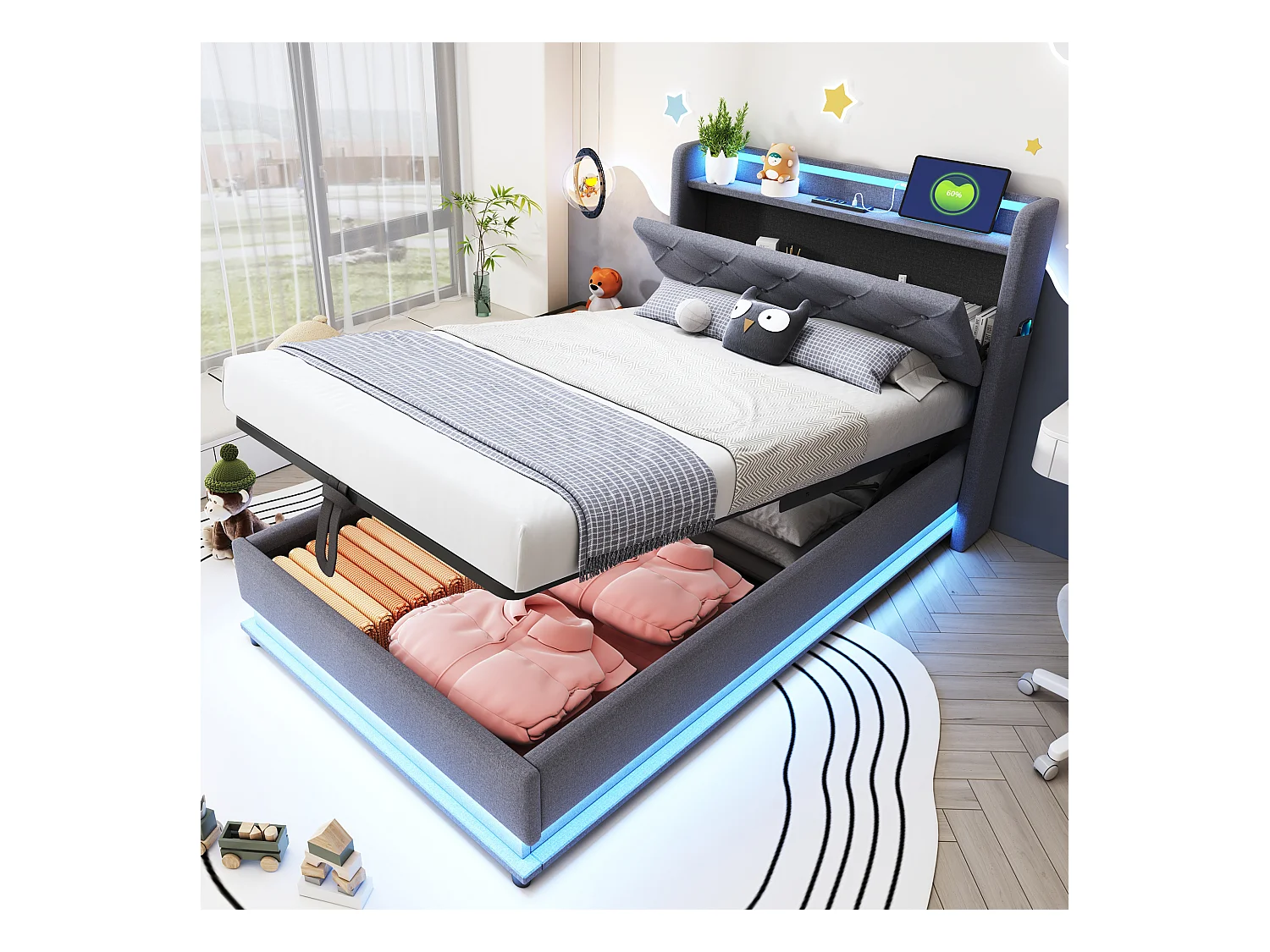 Gepolstertes Kinderbett mit Stauraum - 90 x 200 cm - mit LEDs + USB + klappbarem Kopfteil - hydraulischer Stauraum - Leinenstoff - grau