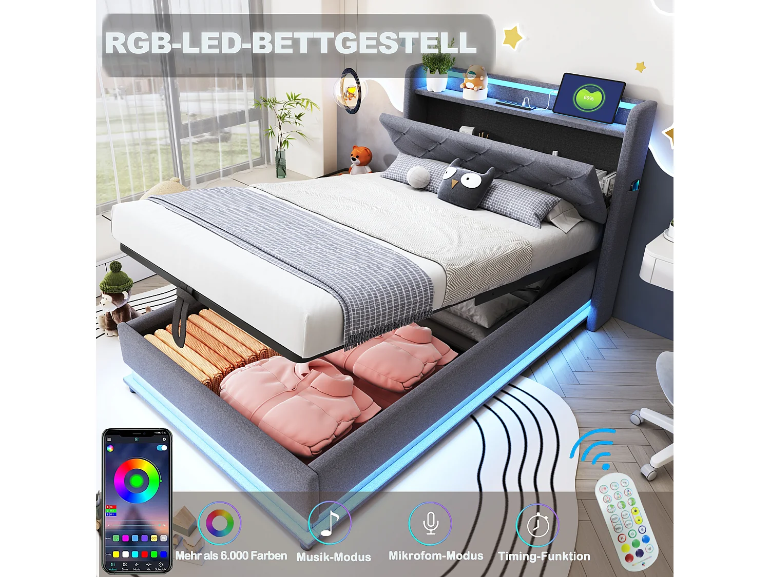 Lit coffre rembourré pour enfant  - 90 x 200 cm - avec Leds + USB + tête de lit pliablee - rangement hydraulique - tissu en lin - gris