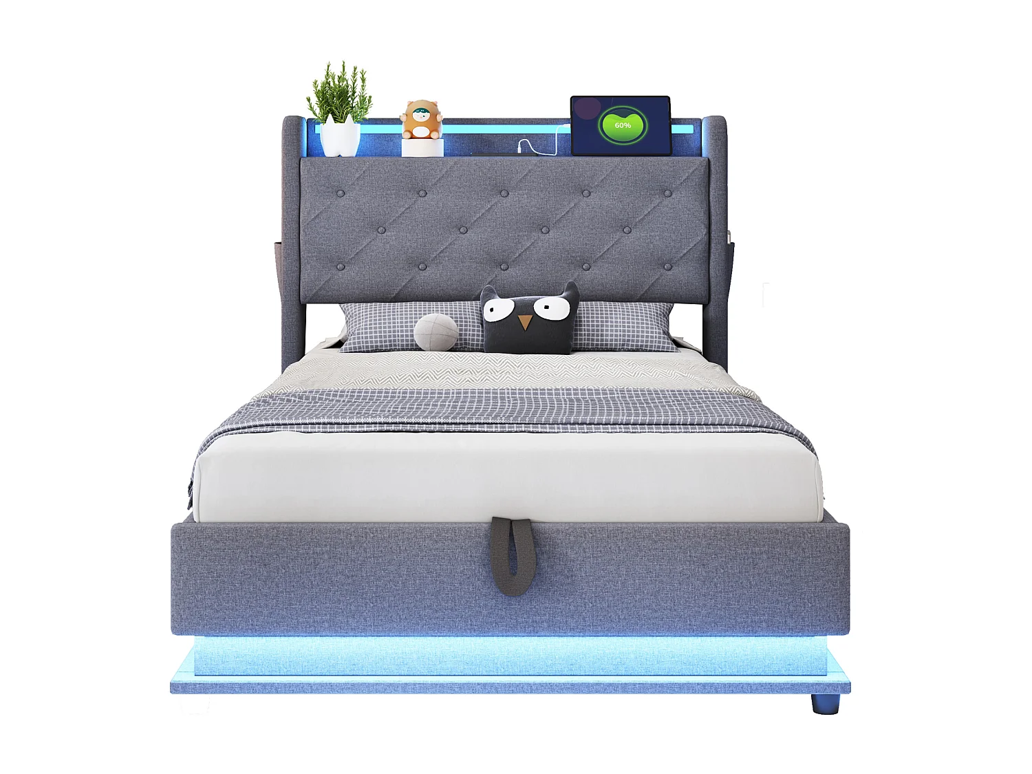 Lit coffre rembourré pour enfant  - 90 x 200 cm - avec Leds + USB + tête de lit pliablee - rangement hydraulique - tissu en lin - gris