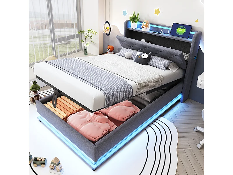 Letto contenitore imbottito per bambini - 90 x 200 cm - con LED + USB + testiera pieghevole - contenitore idraulico - tessuto di lino - grigio