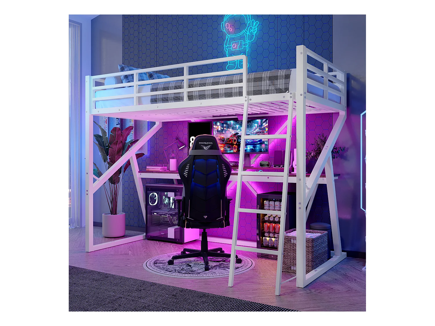 Łóżko piętrowe dla dzieci - 90 x 200 cm - konstrukcja żelazna - z diodami LED + schody + biurko - Metal + MDF - białe