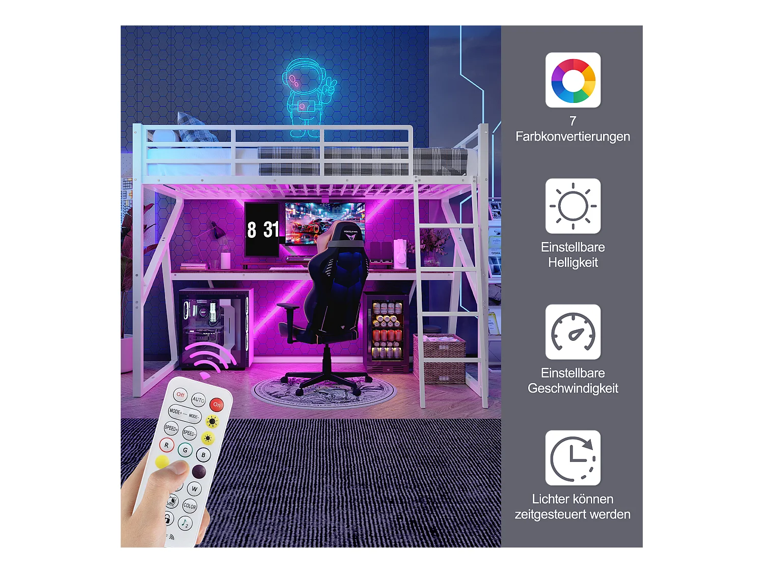 Łóżko piętrowe dla dzieci - 90 x 200 cm - konstrukcja żelazna - z diodami LED + schody + biurko - Metal + MDF - białe