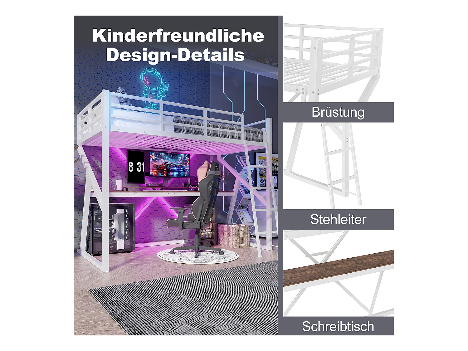 Łóżko piętrowe dla dzieci - 90 x 200 cm - konstrukcja żelazna - z diodami LED + schody + biurko - Metal + MDF - białe