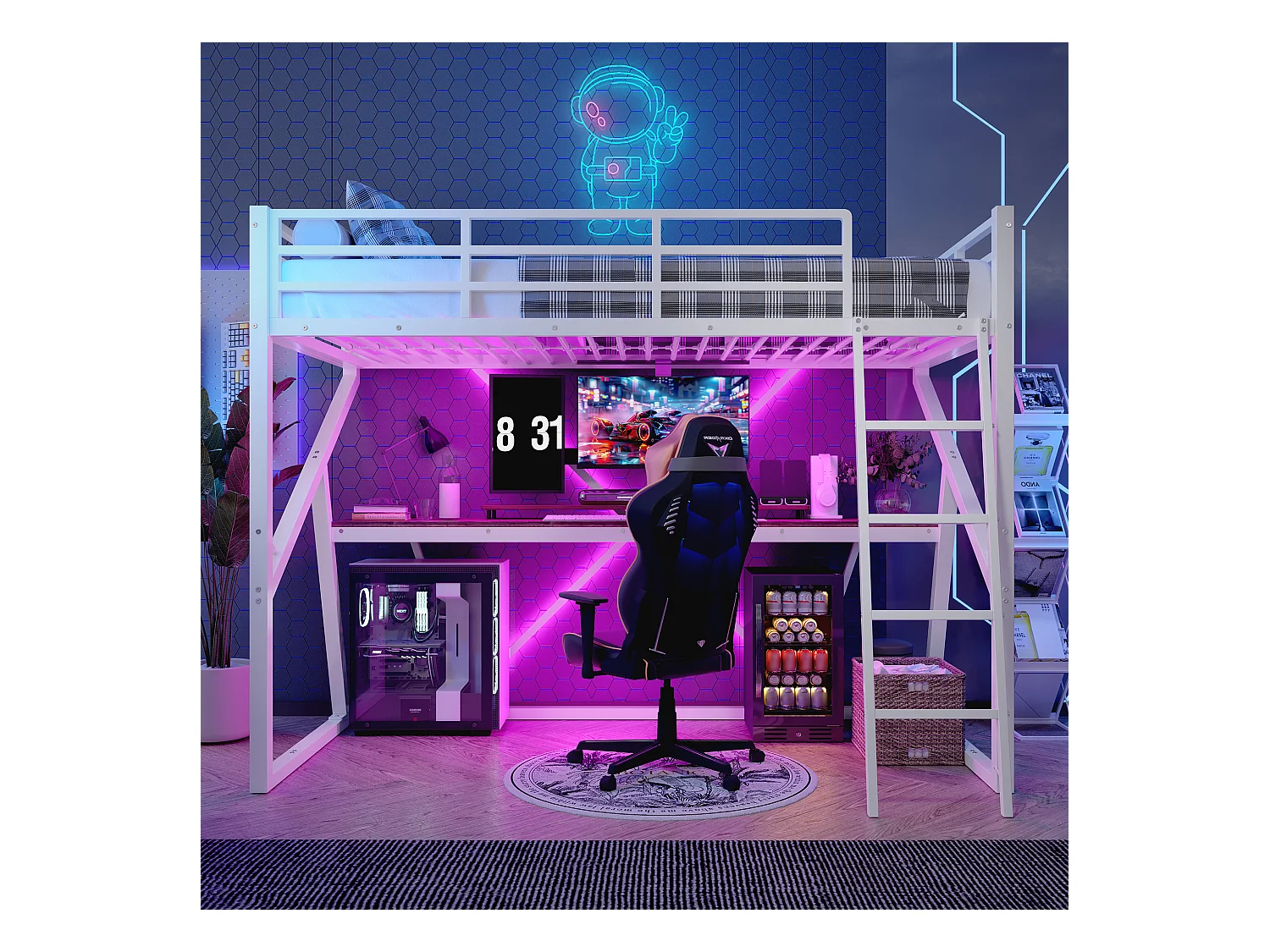 Łóżko piętrowe dla dzieci - 90 x 200 cm - konstrukcja żelazna - z diodami LED + schody + biurko - Metal + MDF - białe