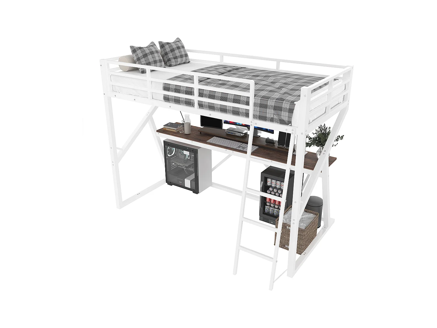 Łóżko piętrowe dla dzieci - 90 x 200 cm - konstrukcja żelazna - z diodami LED + schody + biurko - Metal + MDF - białe