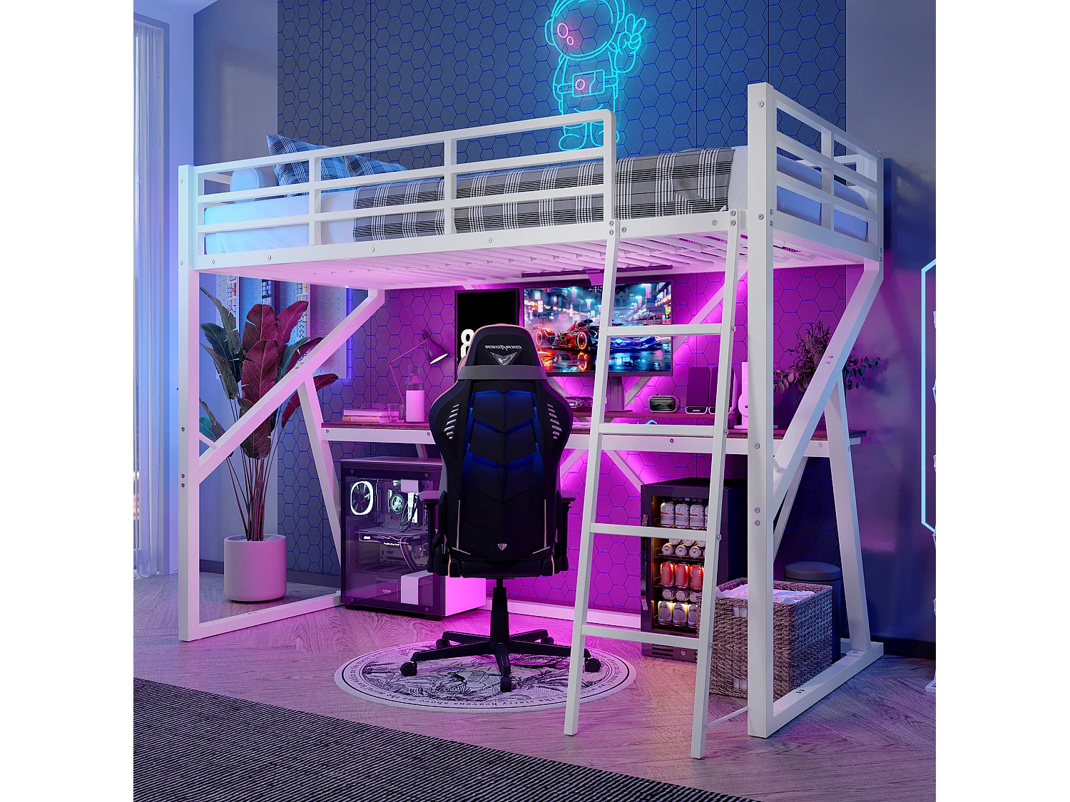 Lit mezzanine pour enfant - 90 x 200 cm - structure en fer - avec Leds + escalier + bureau - Métal + MDF - blanc