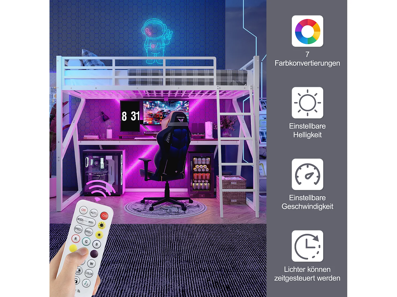 Lit mezzanine pour enfant - 90 x 200 cm - structure en fer - avec Leds + escalier + bureau - Métal + MDF - blanc