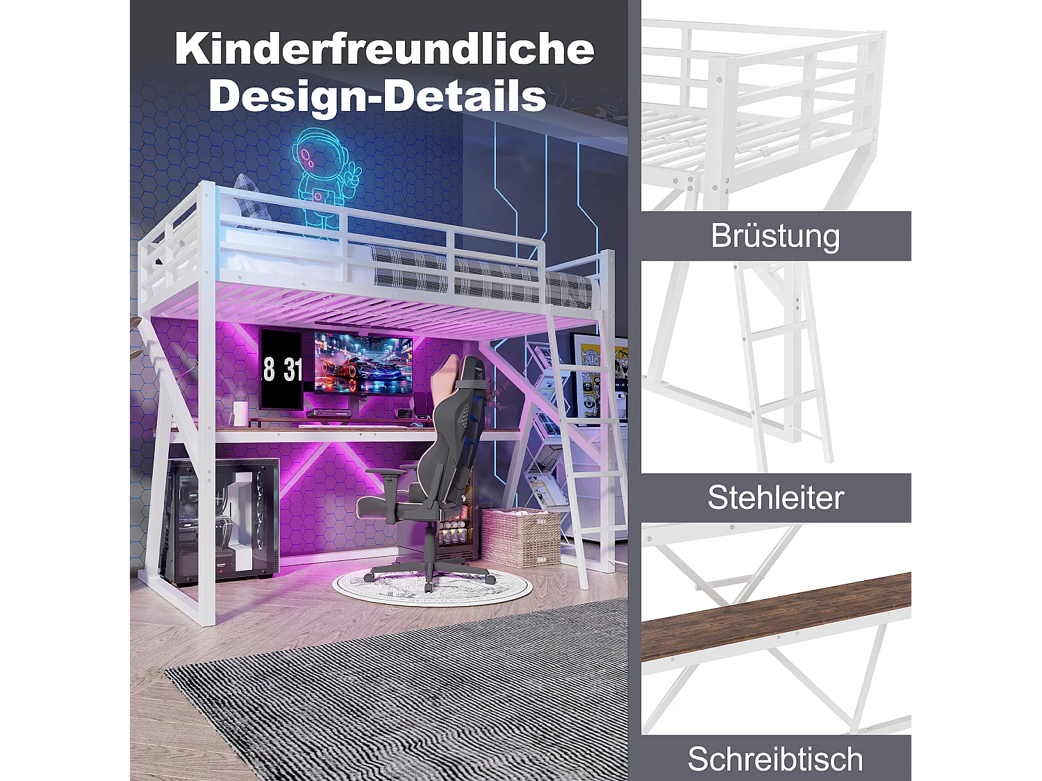 Lit mezzanine pour enfant - 90 x 200 cm - structure en fer - avec Leds + escalier + bureau - Métal + MDF - blanc