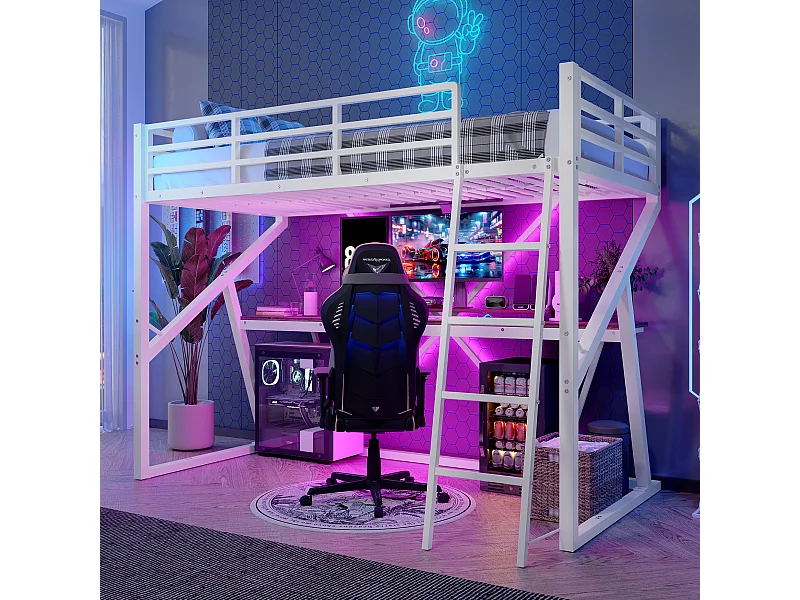 Lit mezzanine pour enfant - 90 x 200 cm - structure en fer - avec Leds + escalier + bureau - Métal + MDF - blanc