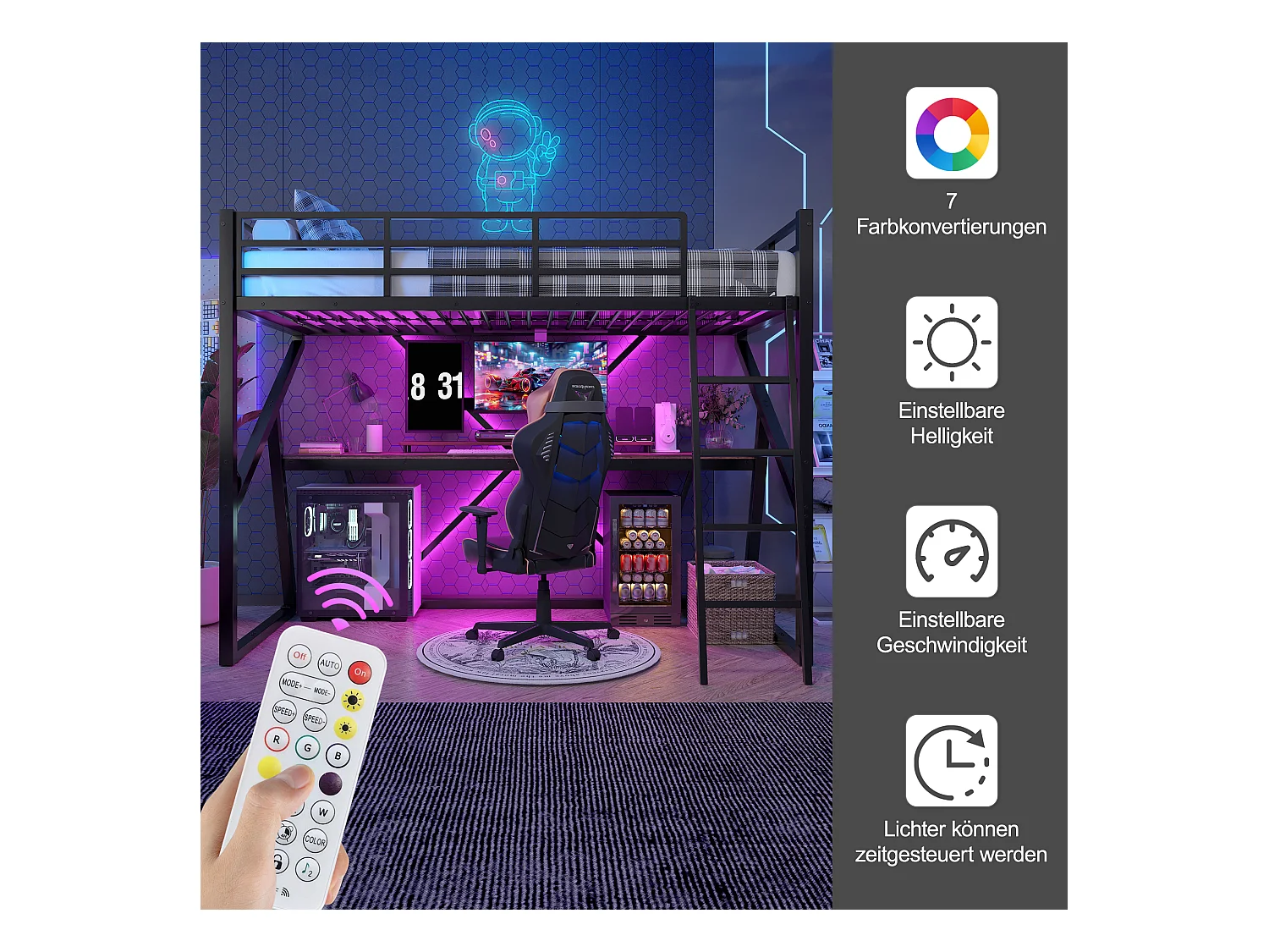 Łóżko piętrowe dla dzieci - 90 x 200 cm - konstrukcja żelazna - z diodami LED + schody + biurko - Metal + MDF - czarne