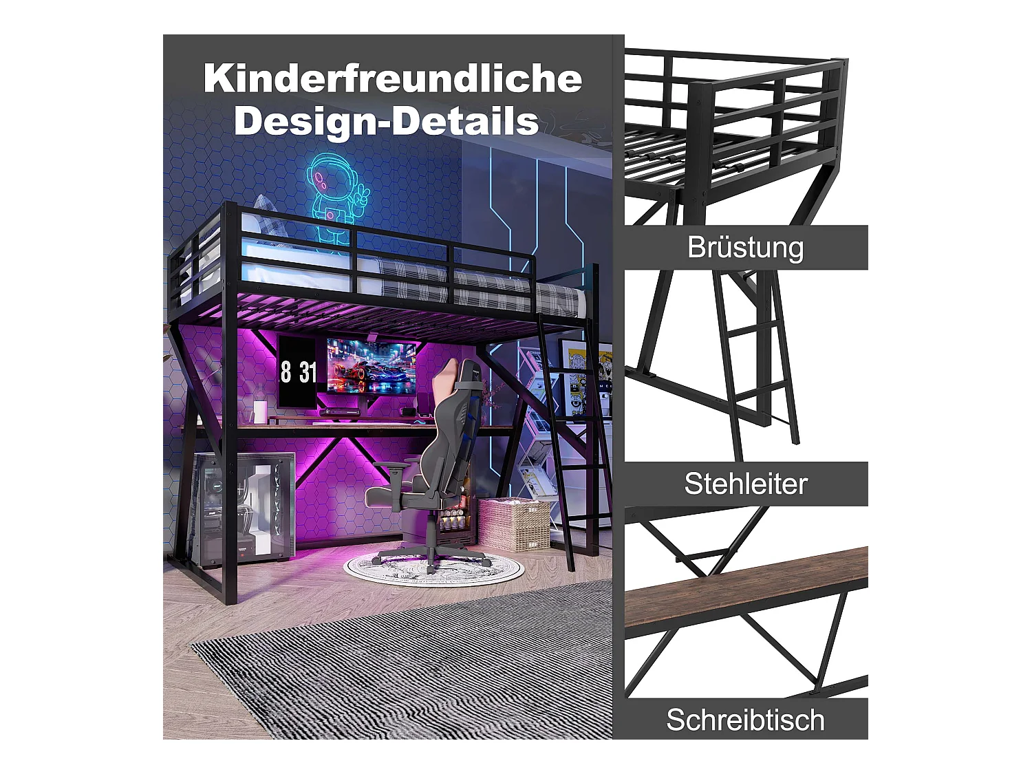 Łóżko piętrowe dla dzieci - 90 x 200 cm - konstrukcja żelazna - z diodami LED + schody + biurko - Metal + MDF - czarne