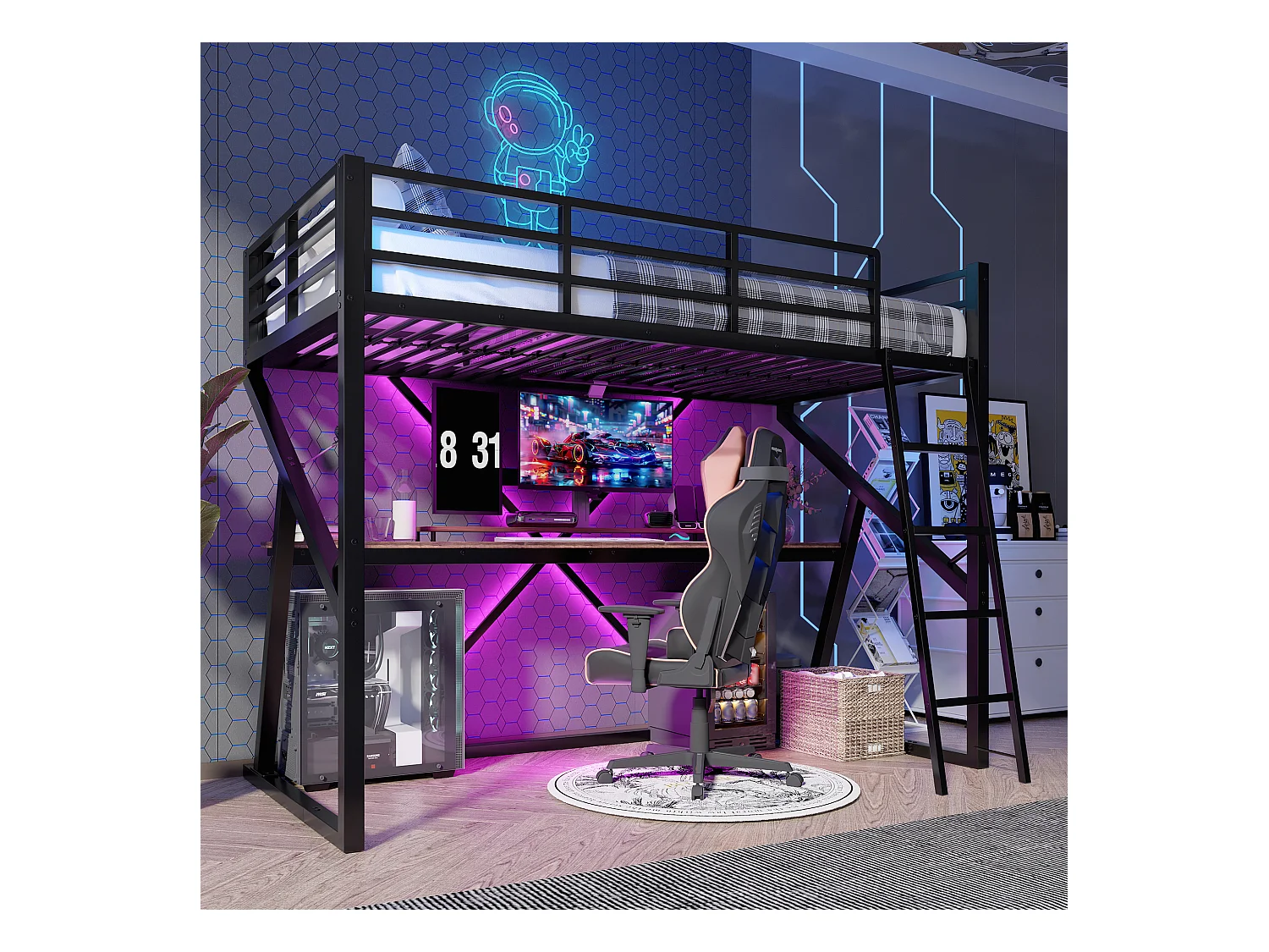 Łóżko piętrowe dla dzieci - 90 x 200 cm - konstrukcja żelazna - z diodami LED + schody + biurko - Metal + MDF - czarne