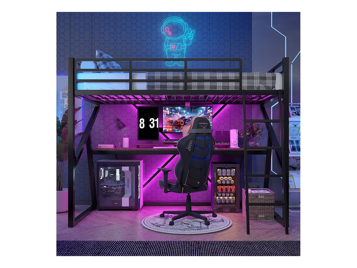 Łóżko piętrowe dla dzieci - 90 x 200 cm - konstrukcja żelazna - z diodami LED + schody + biurko - Metal + MDF - czarne