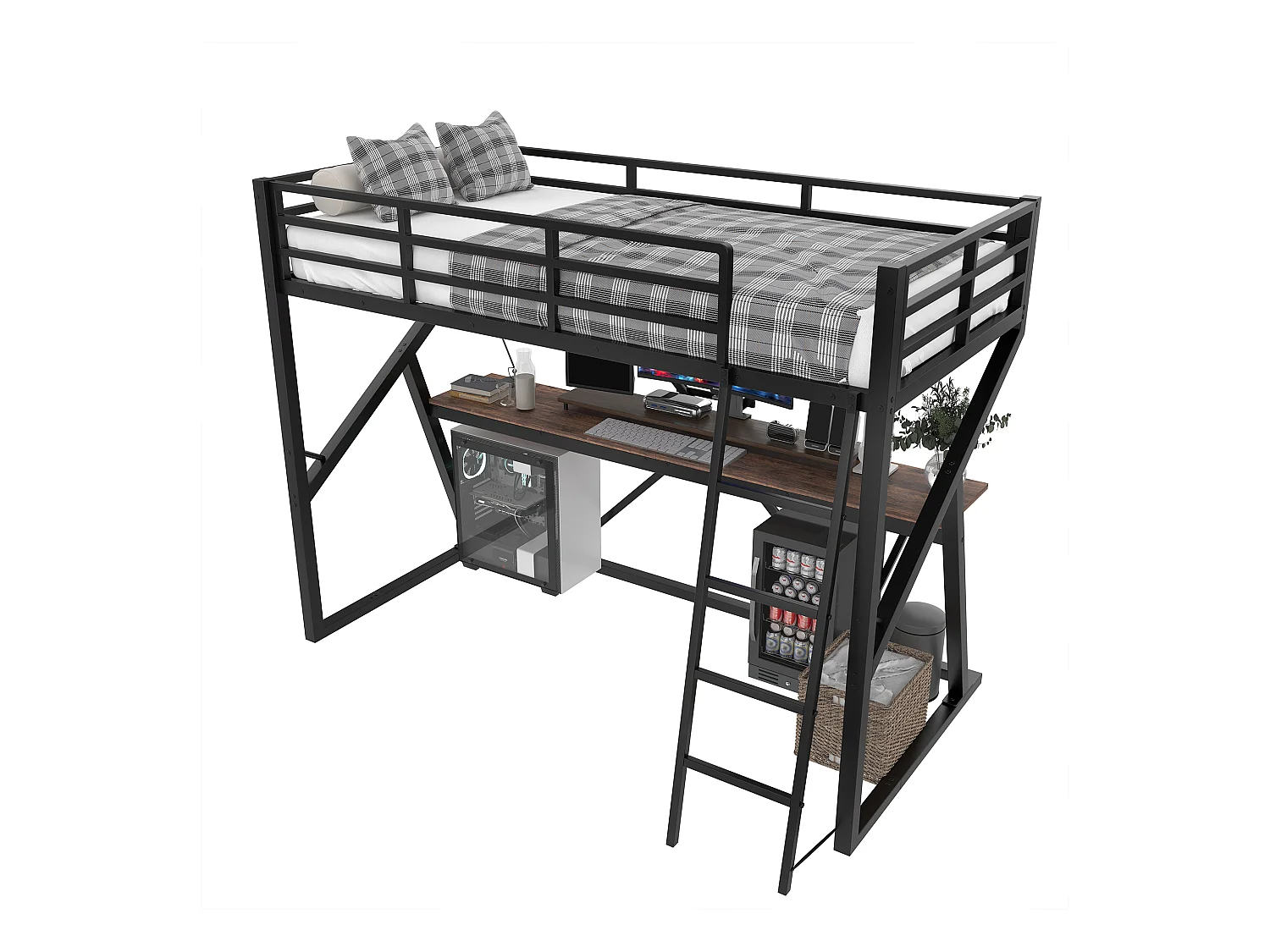 Łóżko piętrowe dla dzieci - 90 x 200 cm - konstrukcja żelazna - z diodami LED + schody + biurko - Metal + MDF - czarne