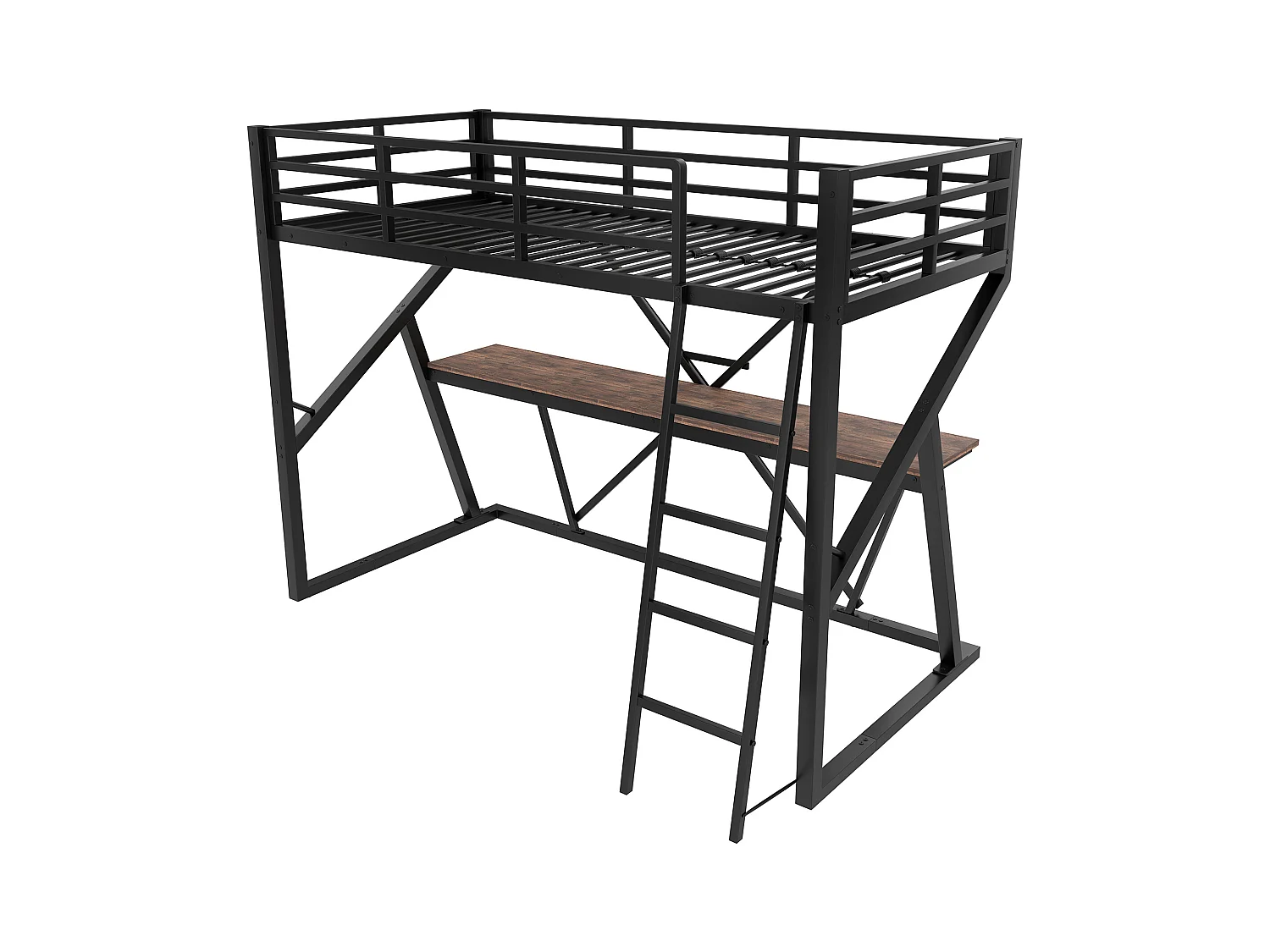 Łóżko piętrowe dla dzieci - 90 x 200 cm - konstrukcja żelazna - z diodami LED + schody + biurko - Metal + MDF - czarne