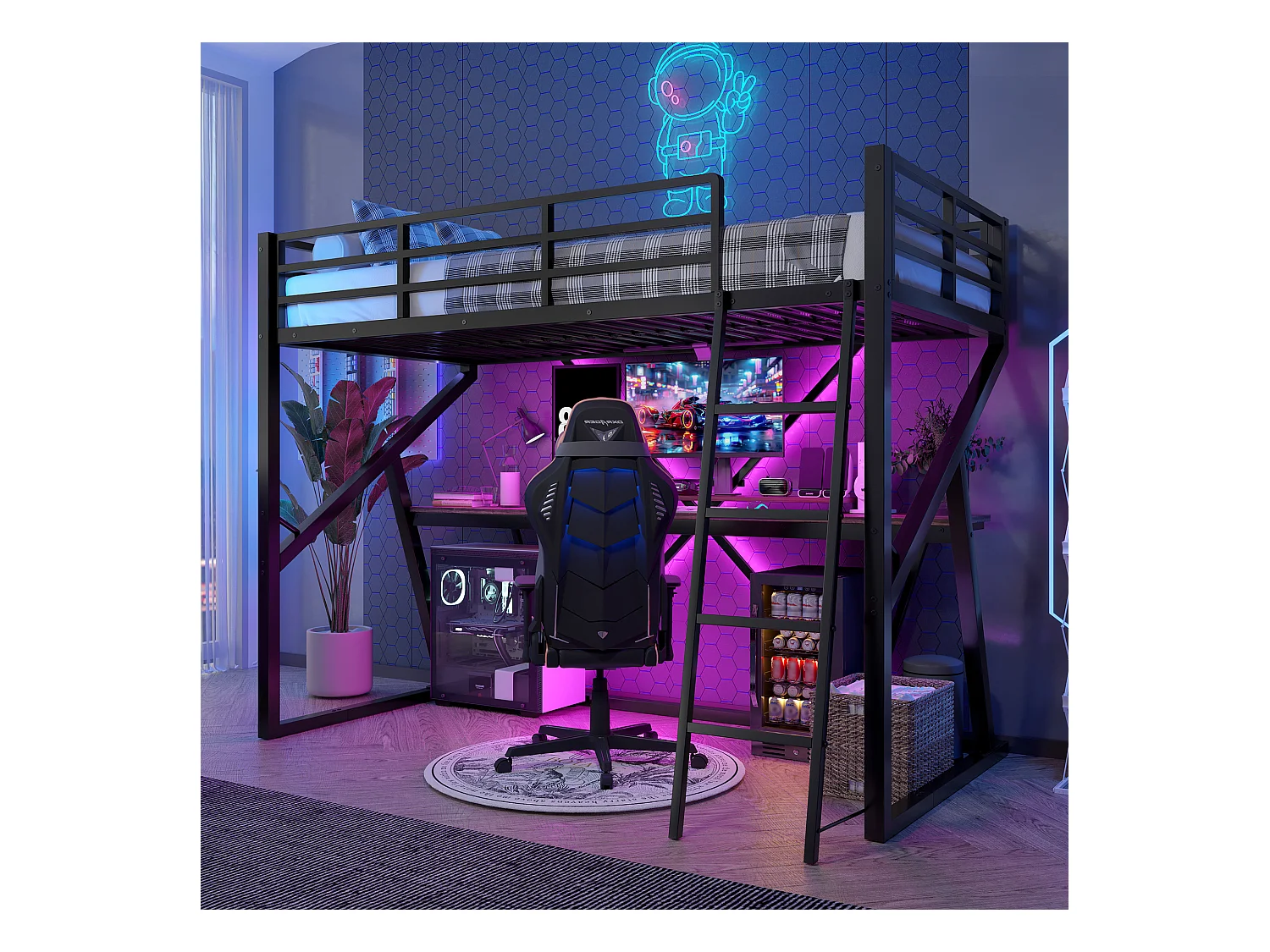 Cama alta infantil - 90 x 200 cm - estrutura de ferro - com LEDs + escada + escrivaninha - Metal + MDF - preto