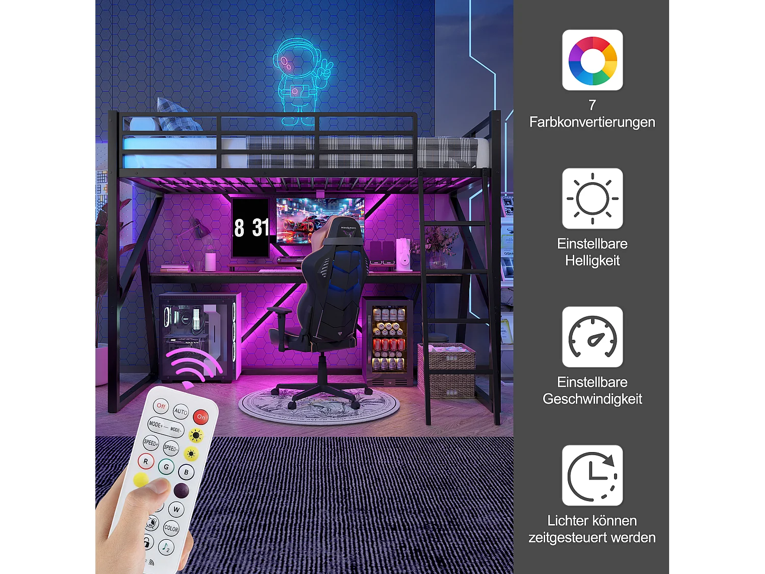 Lit mezzanine pour enfant - 90 x 200 cm - structure en fer - avec Leds + escalier + bureau - Métal + MDF - noir