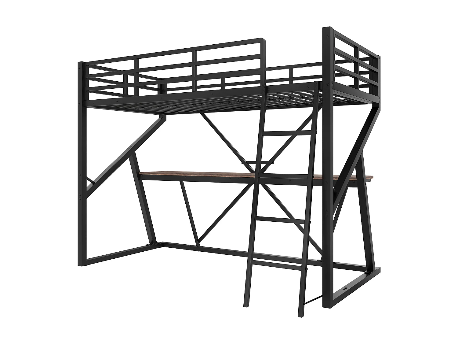 Lit mezzanine pour enfant - 90 x 200 cm - structure en fer - avec Leds + escalier + bureau - Métal + MDF - noir