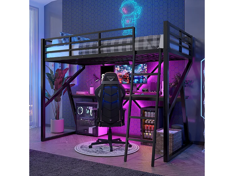 Kinderhochbett - 90 x 200 cm - Eisenkonstruktion - mit LEDs + Treppe + Schreibtisch - Metall + MDF - schwarz