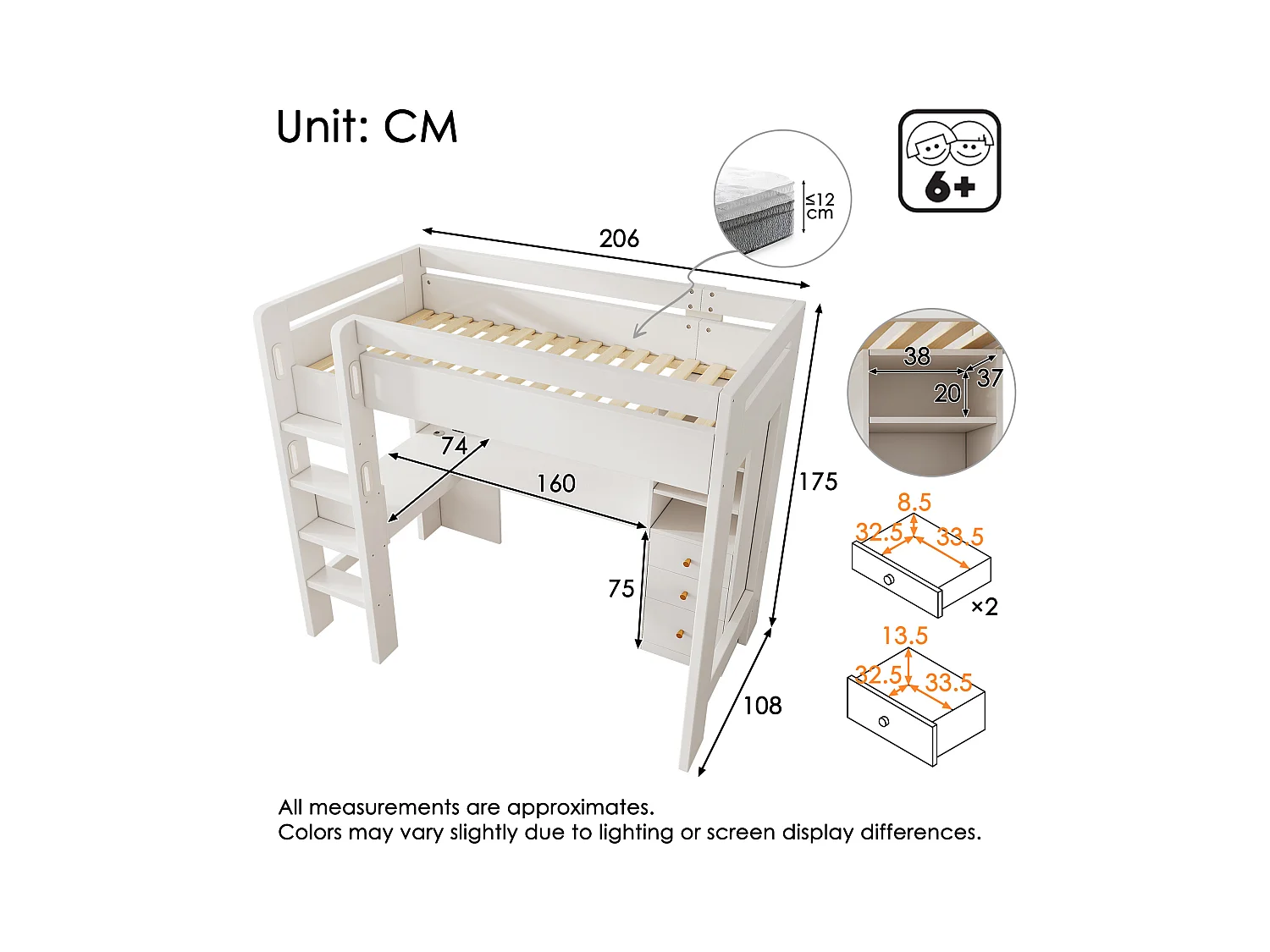 Lit mezzanine pour enfant - 90 x 200 cm - avec bureau + étagères + 3 tiroirs + USB/Type-C - bois massif + MDF  - blanc