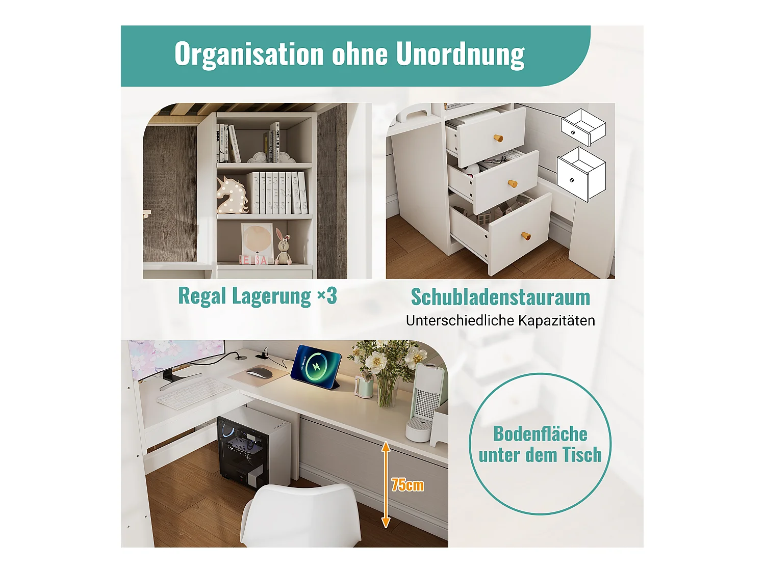 Lit mezzanine pour enfant - 90 x 200 cm - avec bureau + étagères + 3 tiroirs + USB/Type-C - bois massif + MDF  - blanc