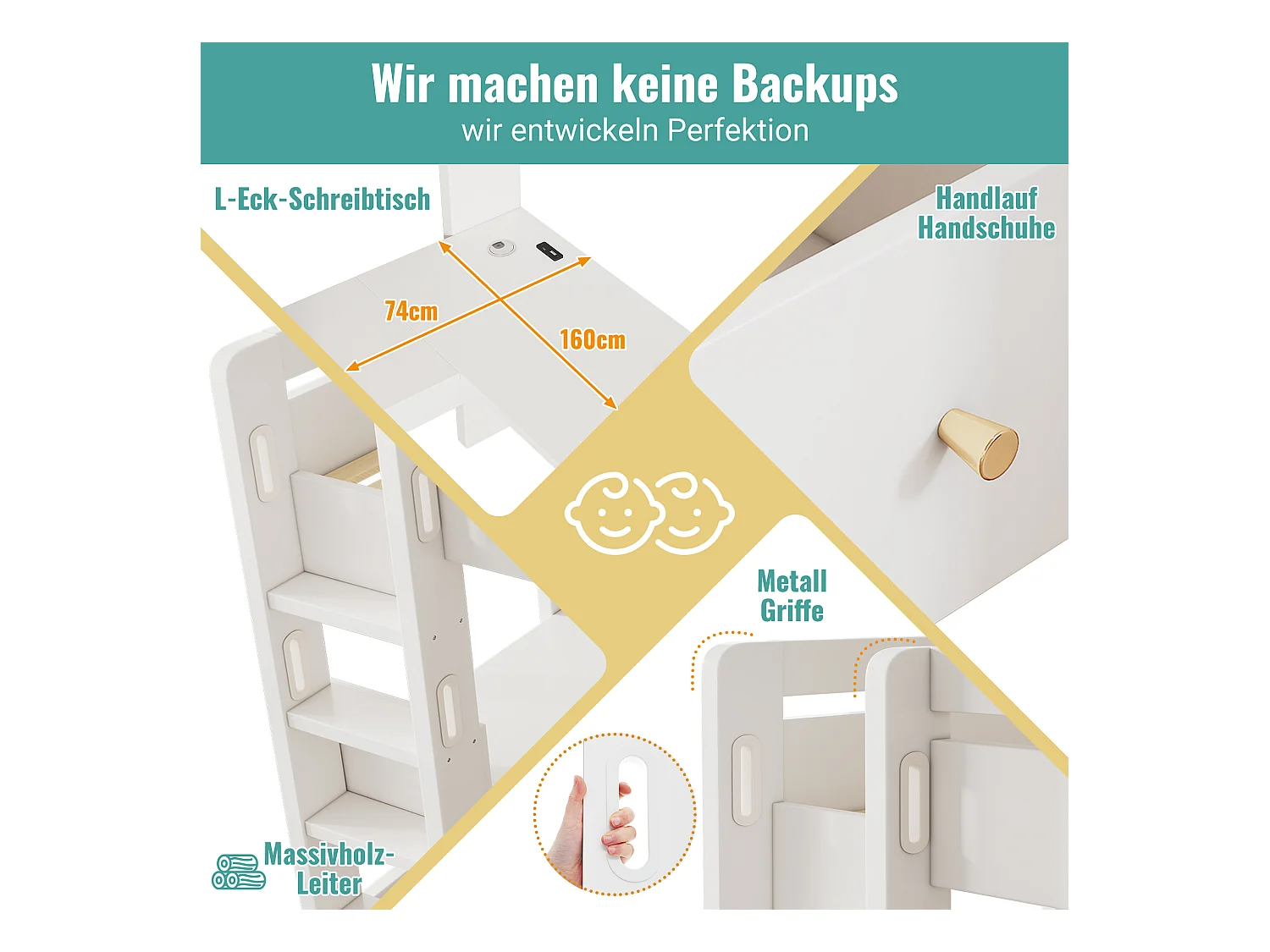 Lit mezzanine pour enfant - 90 x 200 cm - avec bureau + étagères + 3 tiroirs + USB/Type-C - bois massif + MDF  - blanc