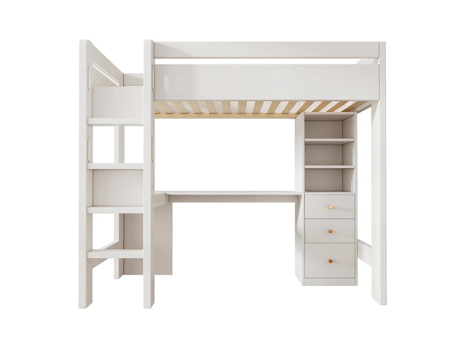 Lit mezzanine pour enfant - 90 x 200 cm - avec bureau + étagères + 3 tiroirs + USB/Type-C - bois massif + MDF  - blanc