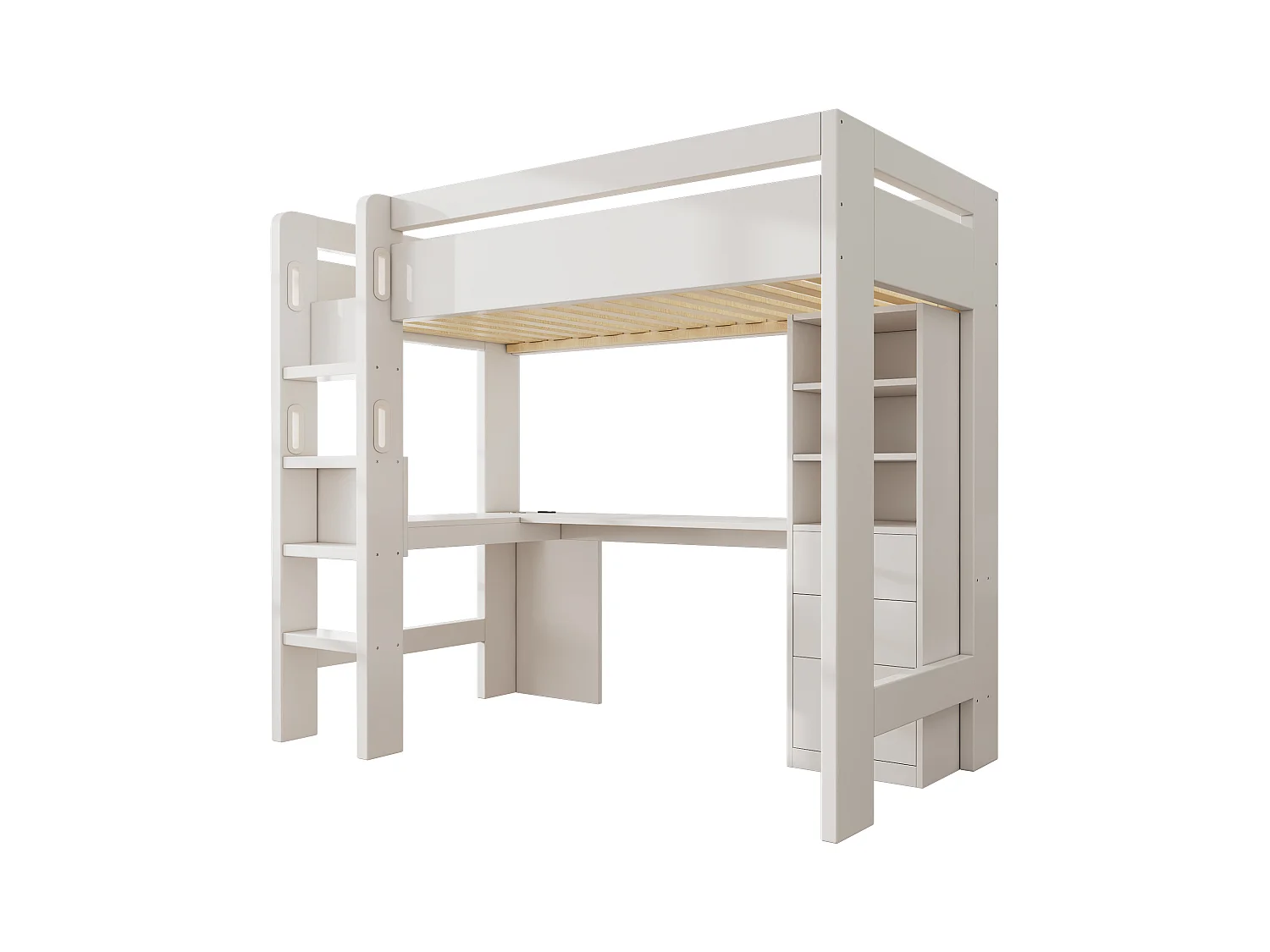 Lit mezzanine pour enfant - 90 x 200 cm - avec bureau + étagères + 3 tiroirs + USB/Type-C - bois massif + MDF  - blanc