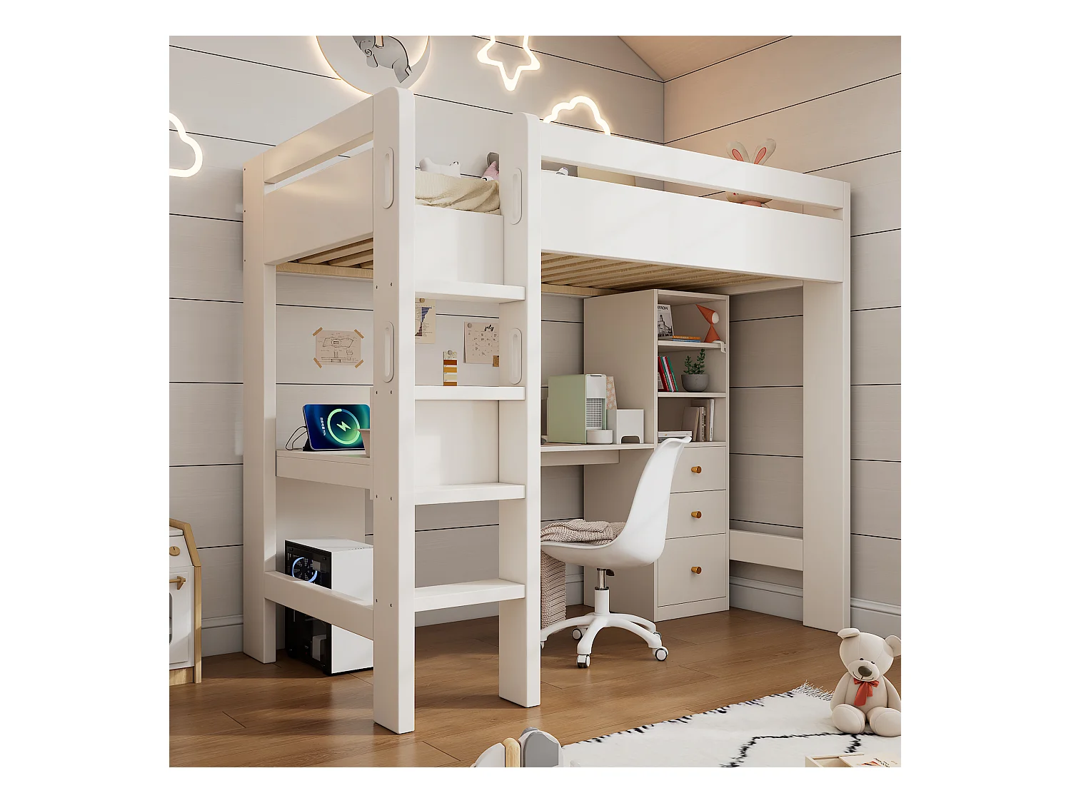 Lit mezzanine pour enfant - 90 x 200 cm - avec bureau + étagères + 3 tiroirs + USB/Type-C - bois massif + MDF  - blanc