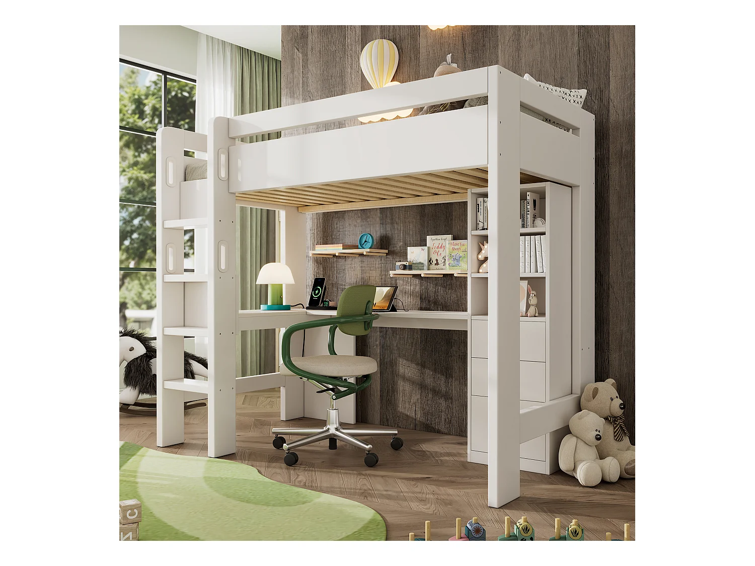 Kinderhoogslaper - 90 x 200 cm - met bureau + planken + 3 lades + USB/Type-C - massief hout + MDF - wit