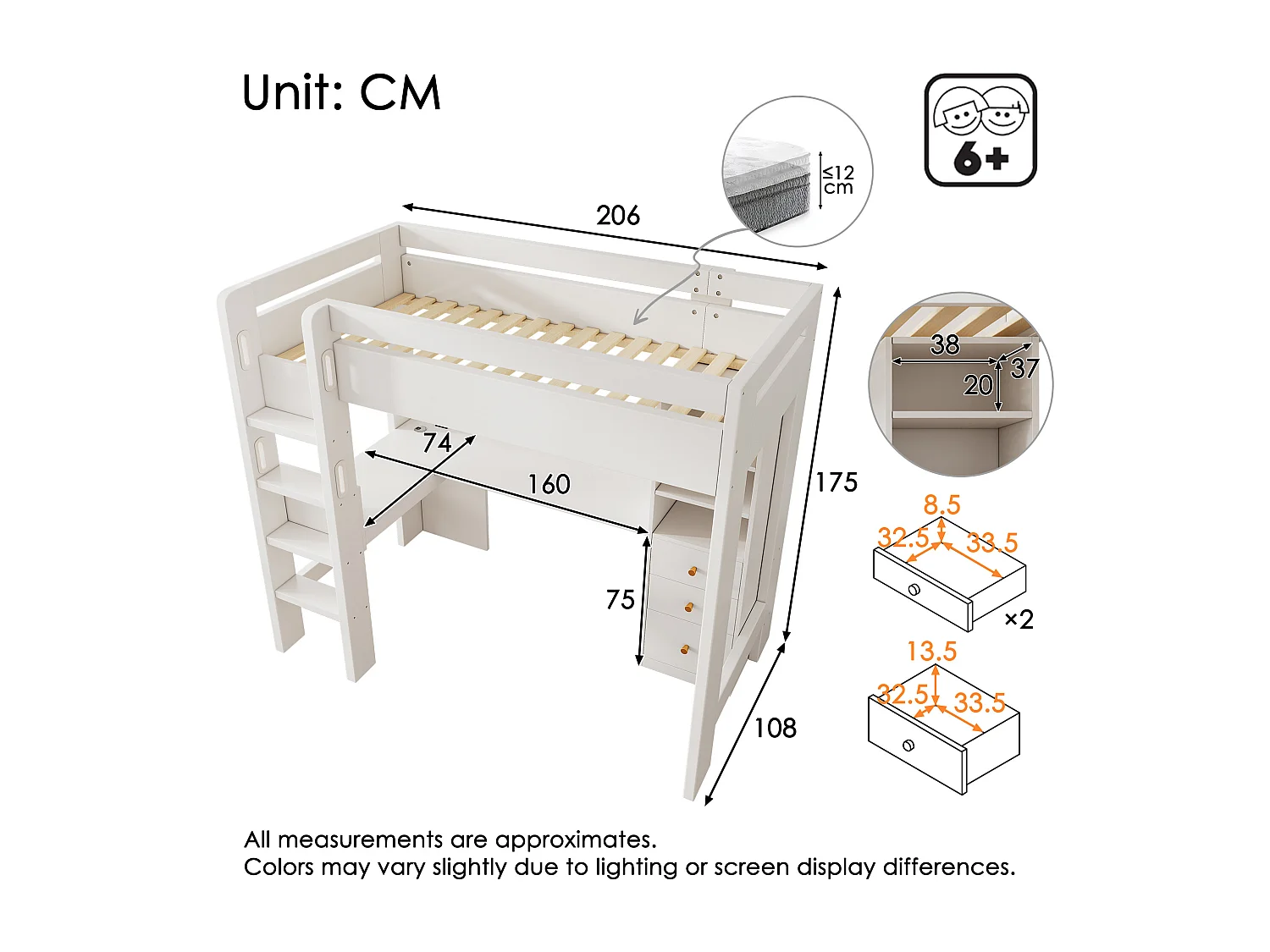 Letto a soppalco per bambini - 90 x 200 cm - con scrivania + ripiani + 3 cassetti + USB/Type-C - legno massello + MDF - bianco