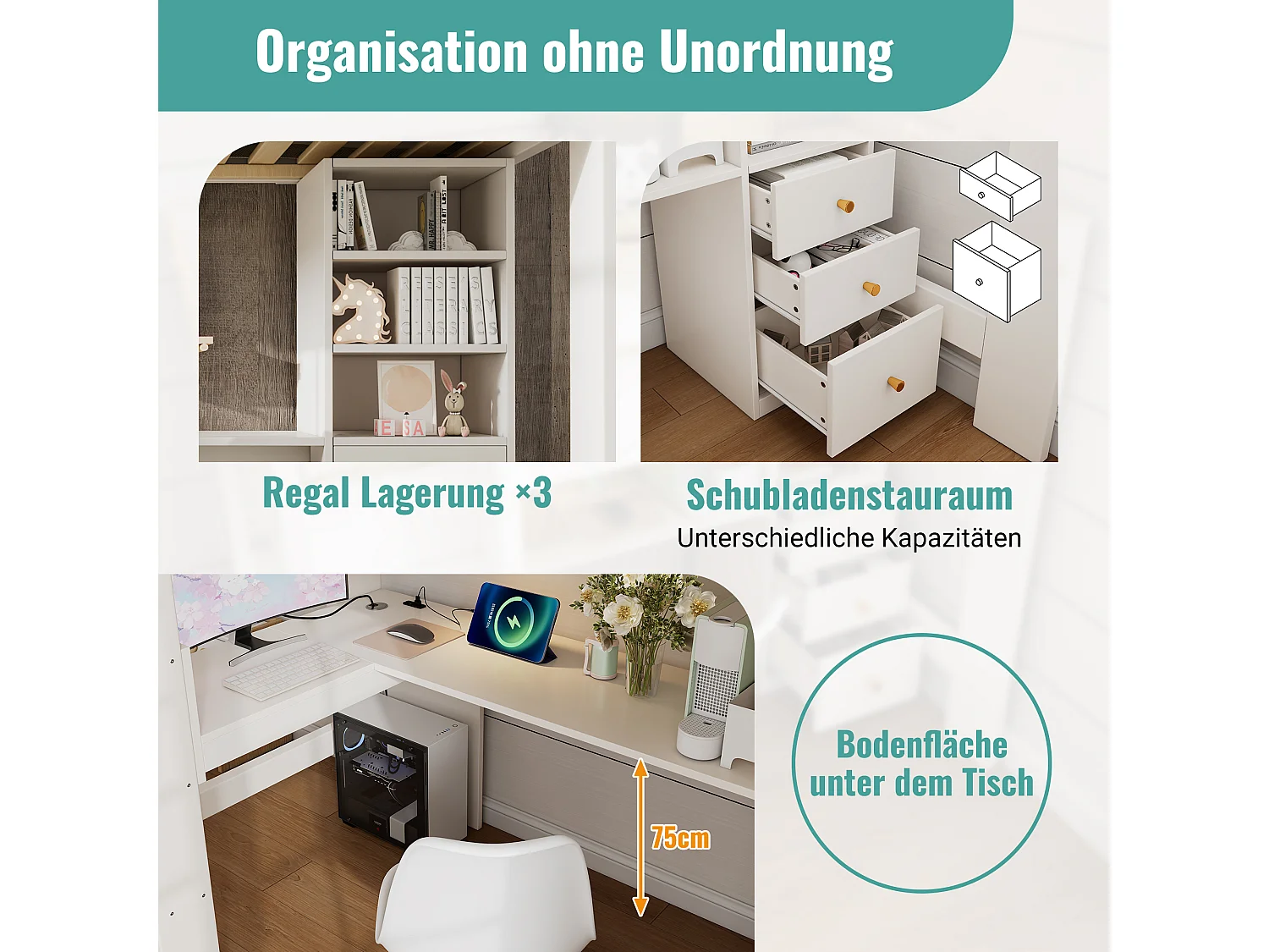 Letto a soppalco per bambini - 90 x 200 cm - con scrivania + ripiani + 3 cassetti + USB/Type-C - legno massello + MDF - bianco