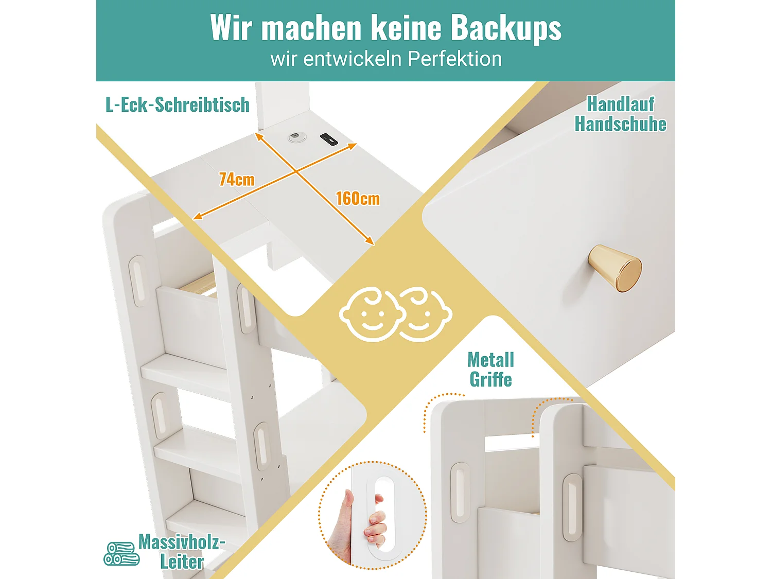 Letto a soppalco per bambini - 90 x 200 cm - con scrivania + ripiani + 3 cassetti + USB/Type-C - legno massello + MDF - bianco