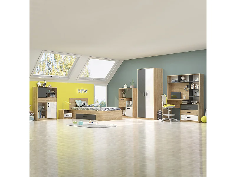 Cameretta completa 90x200 cm in rovere chiaro, bianco lucido e grigio antracite CBG16