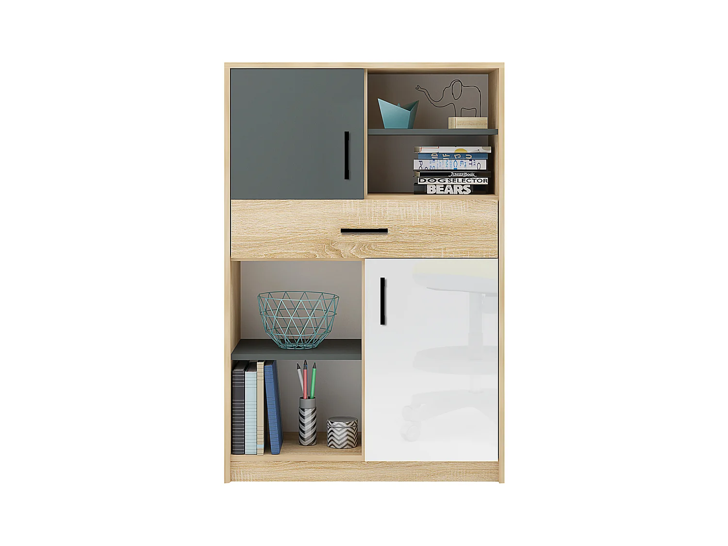 Cameretta completa 90x200 cm in rovere chiaro, bianco lucido e grigio antracite CBG16