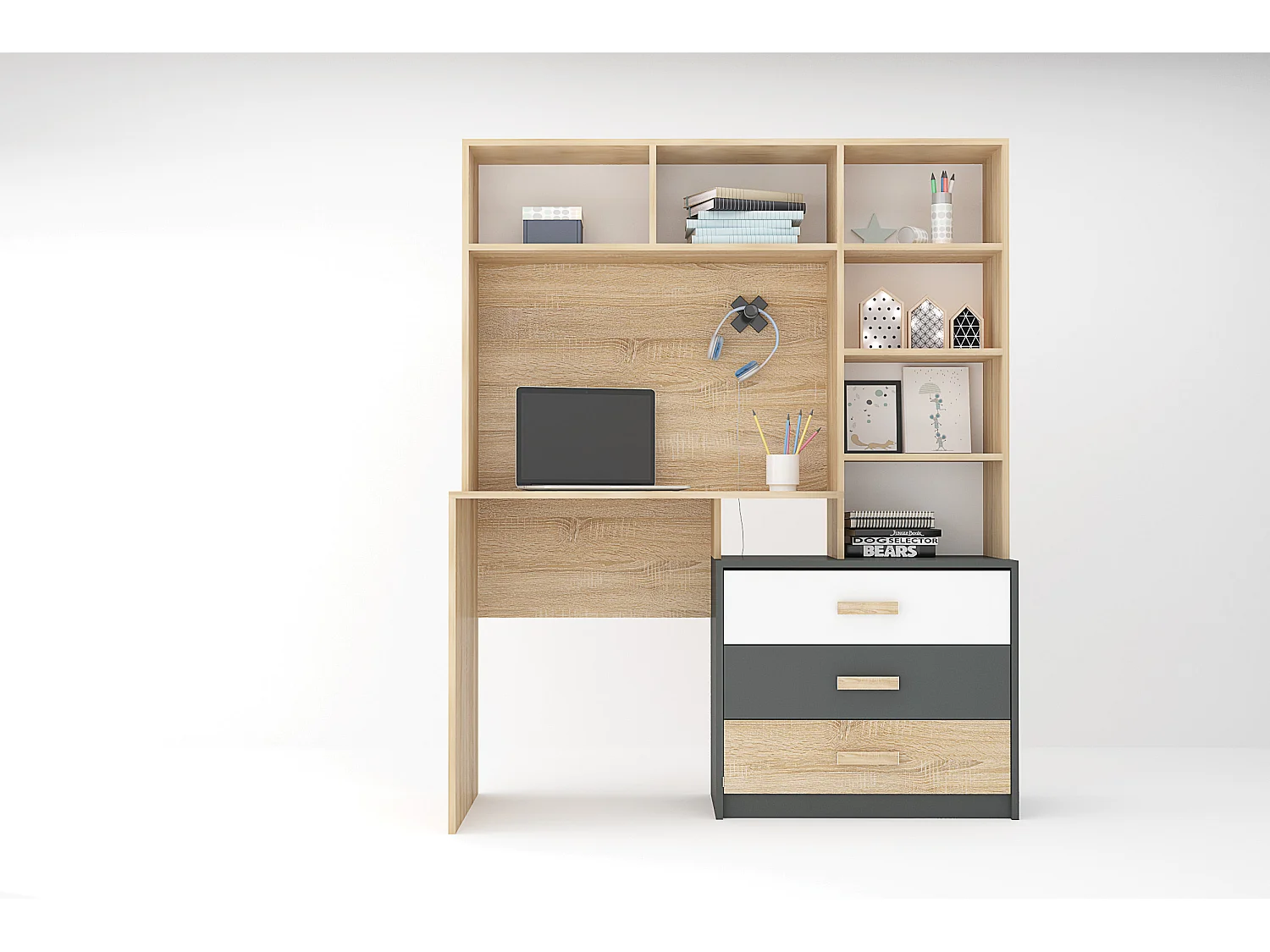 Cameretta completa 90x200 cm in rovere chiaro, bianco lucido e grigio antracite CBG16