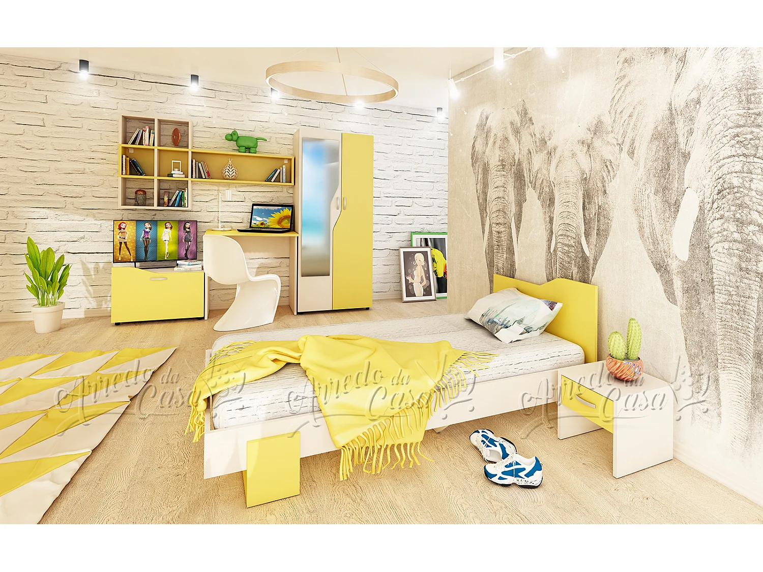 Cameretta per bambino celeste e legno chiaro CCU5