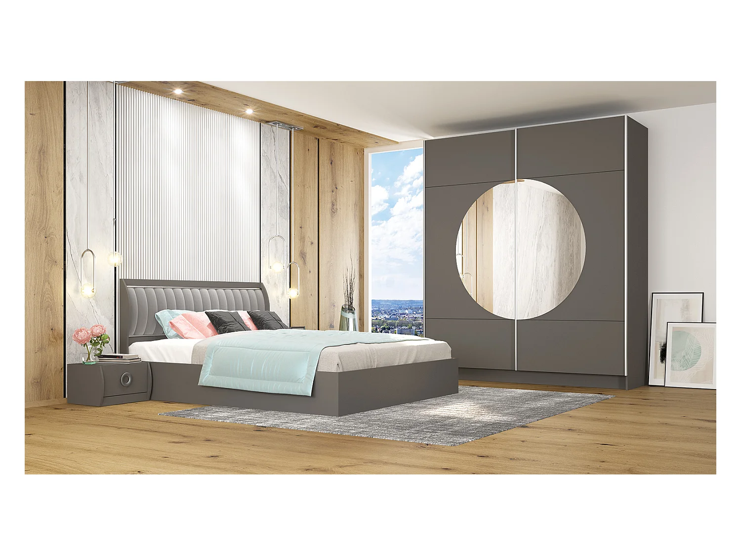 Camera da letto completa con letto matrimoniale contenitore 160x200 cm grigio grafite CMG8