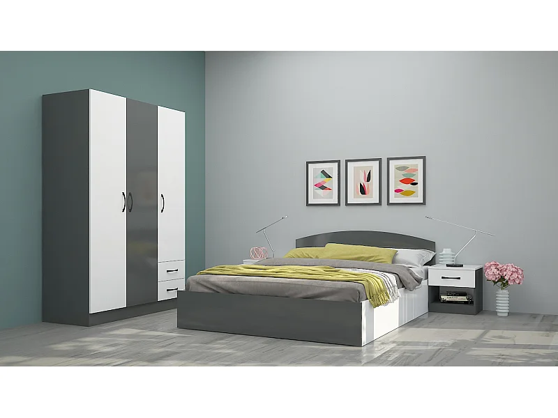 Camera da letto completa con letto a francese 140x190 design laccato bianco lucido e antracite CMG40