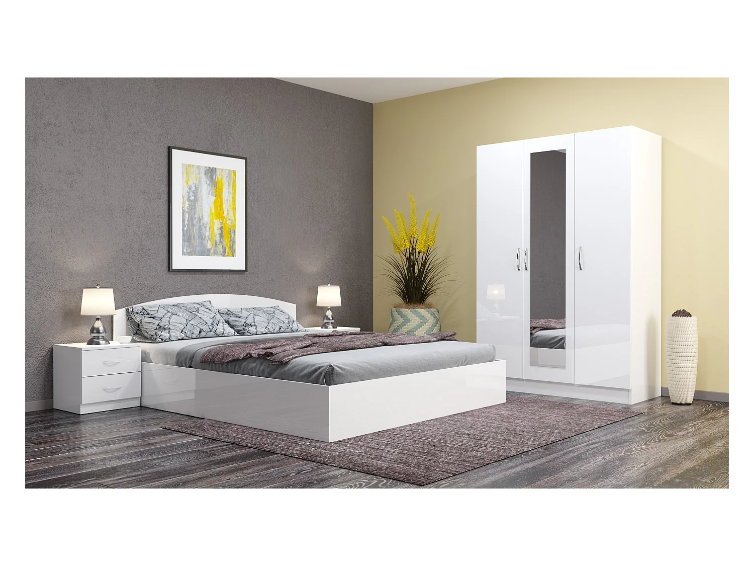 Camera da letto completa 160x200 design moderno effetto laccato bianco lucido CMG39