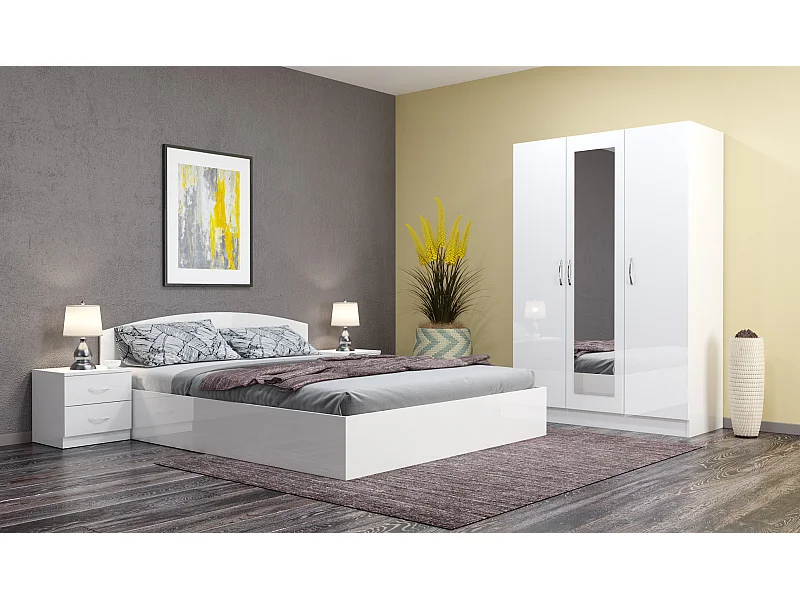 Camera da letto completa 160x200 design moderno effetto laccato bianco lucido CMG39