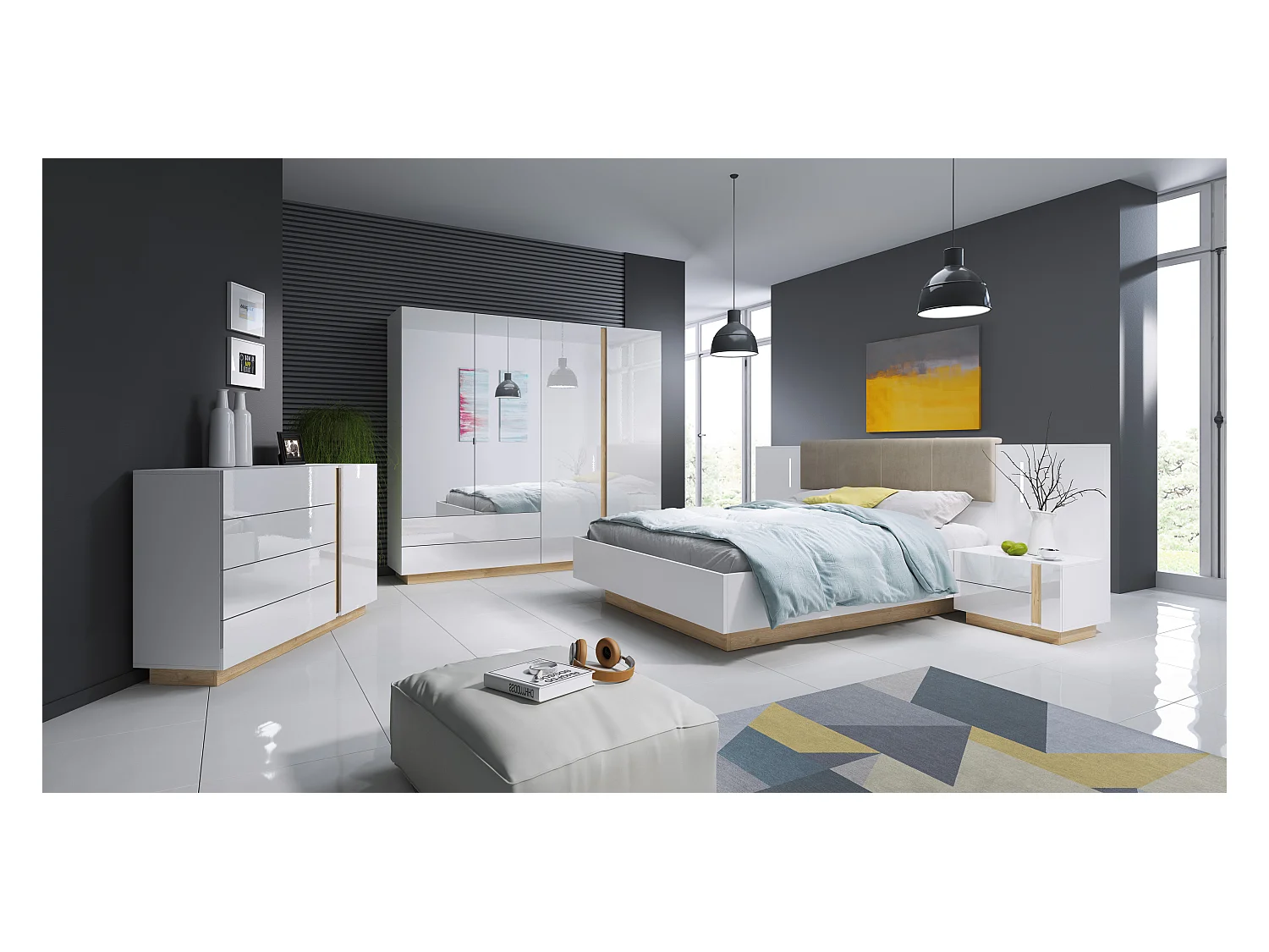 Camera da letto matrimoniale completa moderna bianco con dettagli rovere CDLLK1