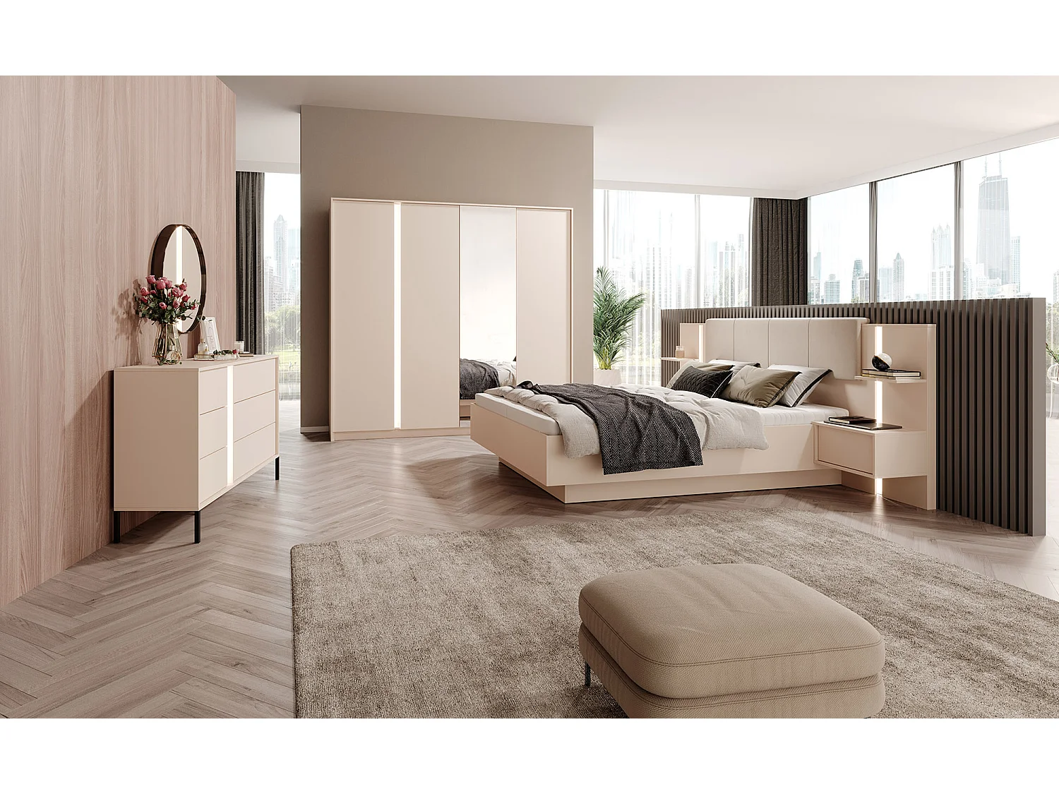 Camera da letto matrimoniale completa moderna con luci LED beige CDLLK4