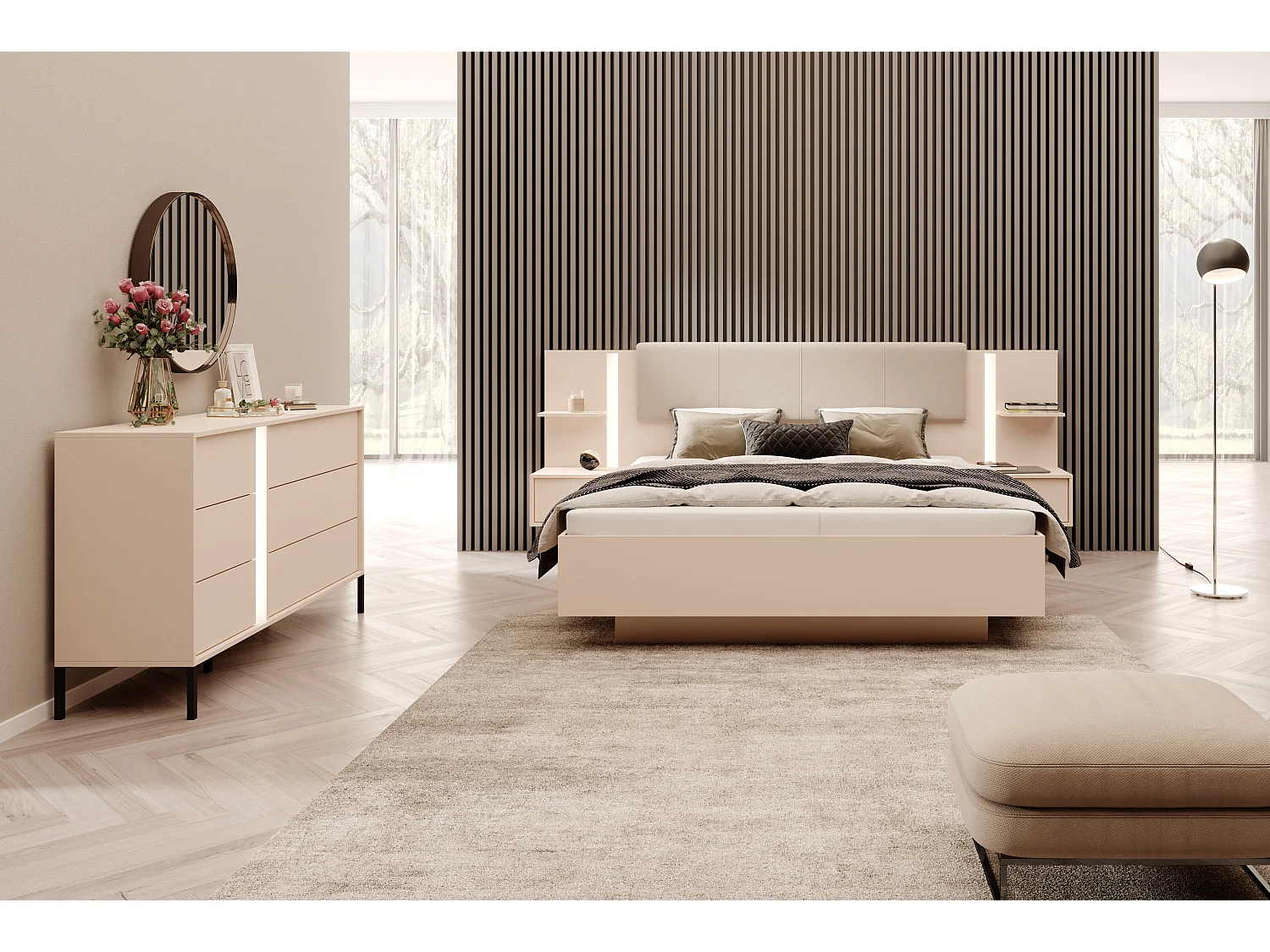 Camera da letto matrimoniale completa moderna con luci LED beige CDLLK4