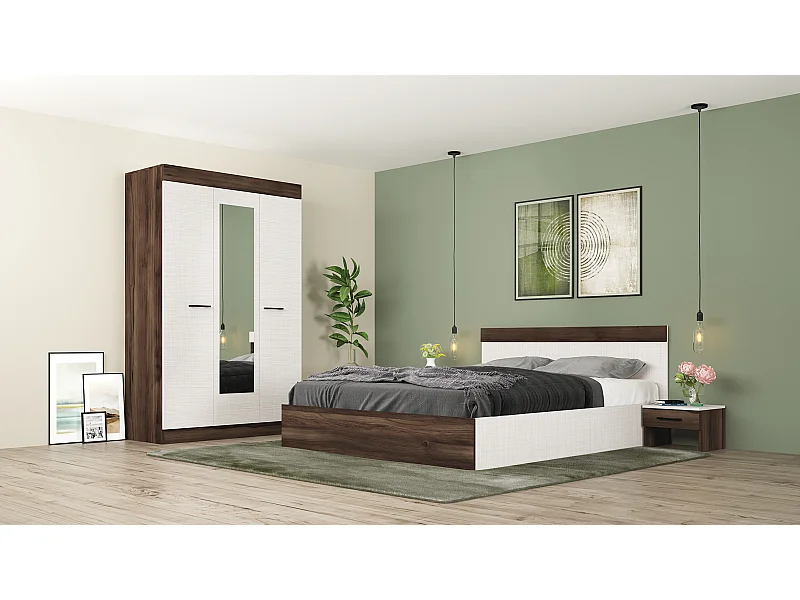 Camera da letto completa con letto contenitore 160x200 cm wengè e lino bianco CMG3