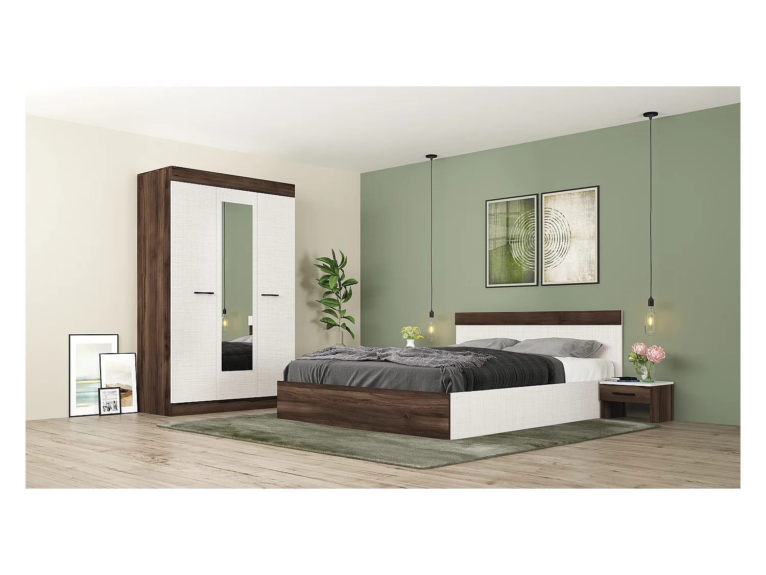 Camera da letto completa con letto contenitore 160x200 cm wengè e lino bianco CMG3