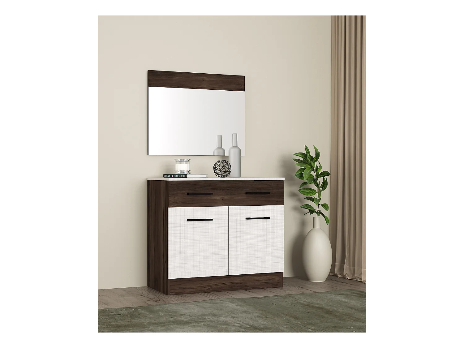 Camera da letto completa con letto contenitore 160x200 cm wengè e lino bianco CMG3