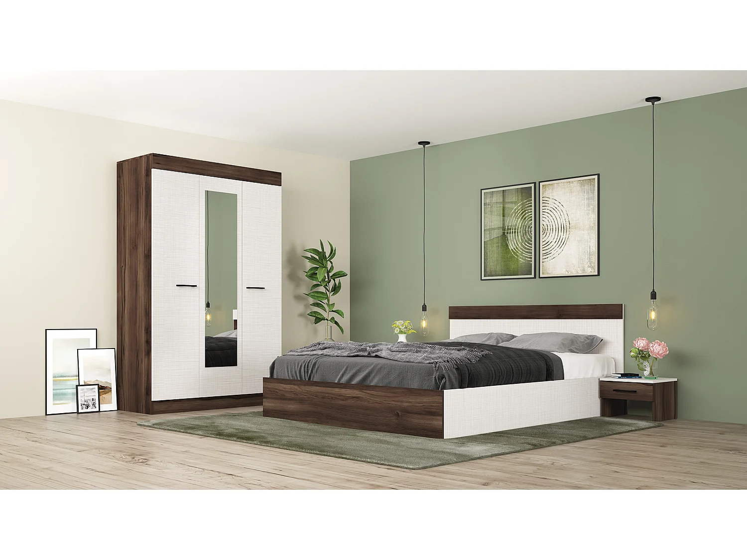 Camera da letto completa con letto contenitore 160x200 cm wengè e lino bianco CMG3