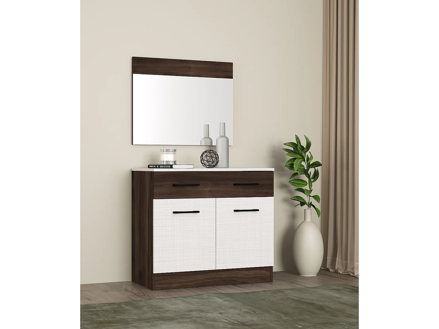 Camera da letto completa con letto contenitore 160x200 cm wengè e lino bianco CMG3