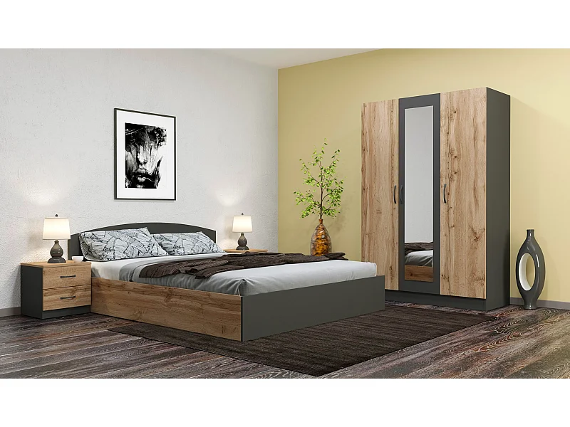 Camera da letto completa 160x200 design moderno effetto legno rovere e antracite CMG39